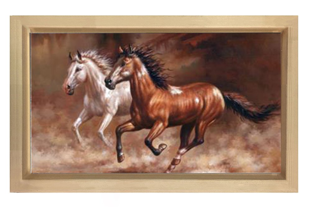 Koşan At Çifti Tablosu Naturel Ahşap Çerçeve - 100x200