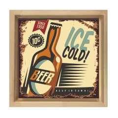 Soğuk Bira Reklam Afişi Tablosu Naturel Ahşap Çerçeve - 30x30
