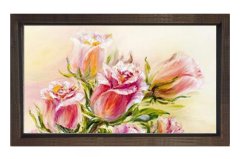 Pembe Gül Çiçekleri Tablosu Kahverengi Ahşap Çerçeve - 45x30