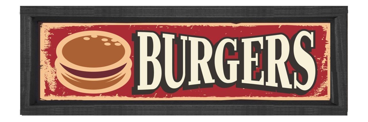 Burger Restoran Afiş Tablosu Siyah Ahşap Çerçeve - 120x40
