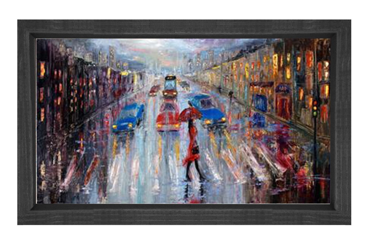 Yağmurlu Şehir YağlıBoya Tablosu Siyah Ahşap Çerçeve - 100x200