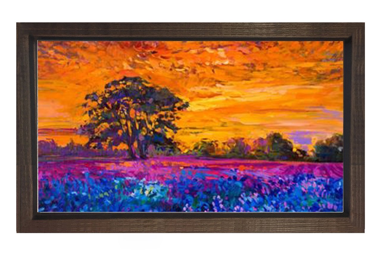 Mor Çiçekler Ve Gün Batımı Tablosu Kahverengi Ahşap Çerçeve - 50x70