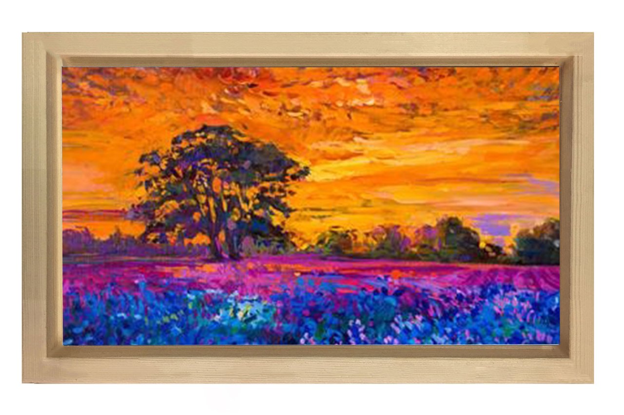 Mor Çiçekler Ve Gün Batımı Tablosu Naturel Ahşap Çerçeve - 40x60