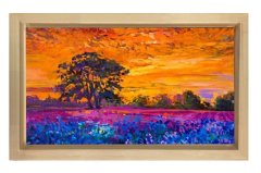 Mor Çiçekler Ve Gün Batımı Tablosu Naturel Ahşap Çerçeve - 70x100