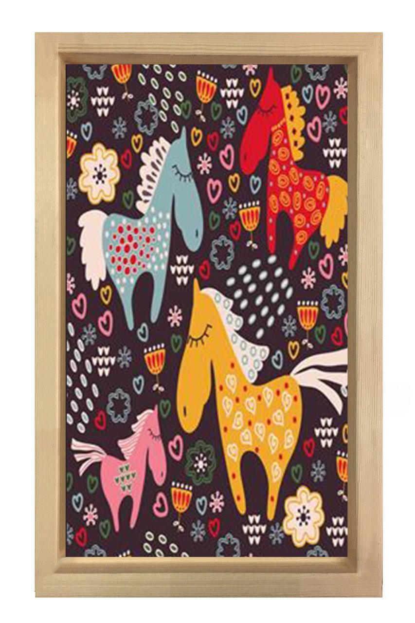 Renkli Çiçekli Atlar Tablosu Naturel Ahşap Çerçeve - 45x30
