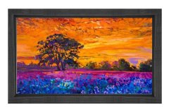 Mor Çiçekler Ve Gün Batımı Tablosu Siyah Ahşap Çerçeve - 40x60