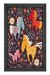 Renkli Çiçekli Atlar Tablosu Siyah Ahşap Çerçeve - 100x150
