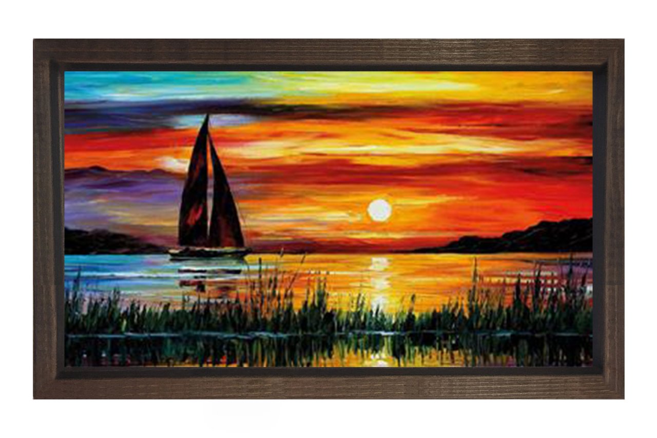 Yelkenli Gemi Yağlı Boya Tablosu Kahverengi Ahşap Çerçeve - 40x60