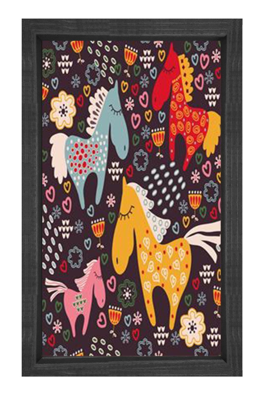 Renkli Çiçekli Atlar Tablosu Siyah Ahşap Çerçeve - 40x60