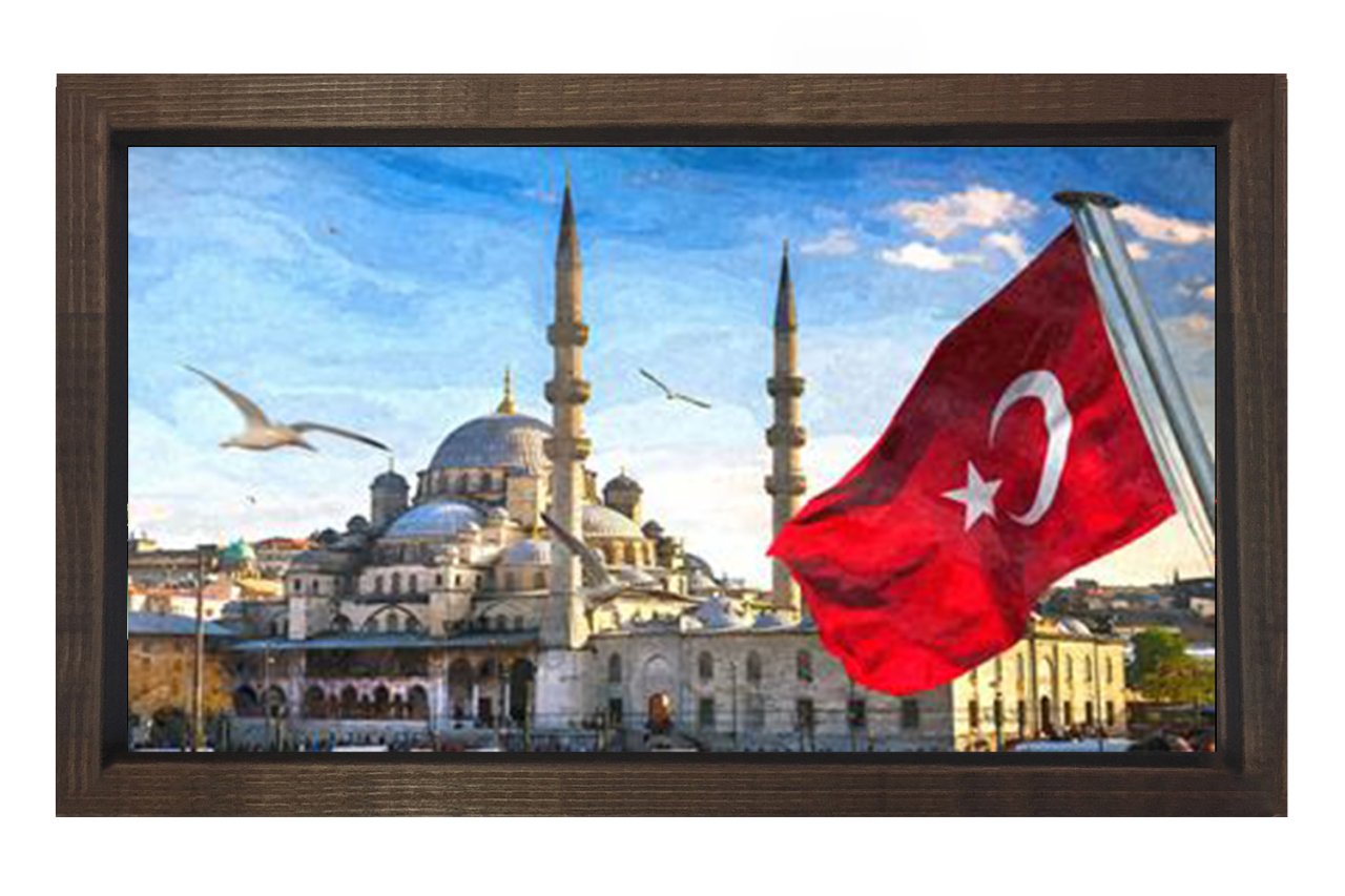 Bayrak ve Cami Tablosu Kahverengi Ahşap Çerçeve - 50x70