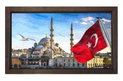 Bayrak ve Cami Tablosu Kahverengi Ahşap Çerçeve - 50x70