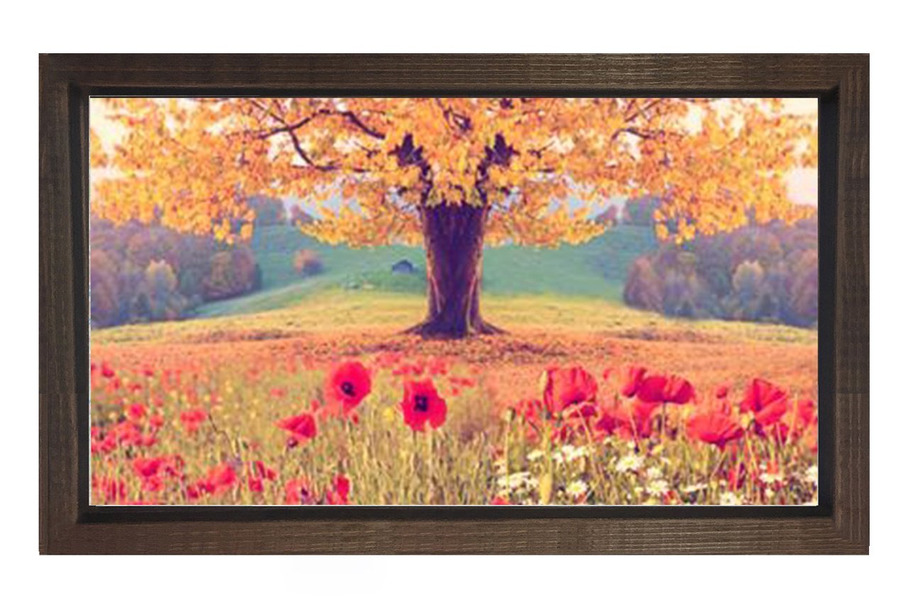 Sarı Ağaç Kırmızı Çiçekler Tablosu Kahverengi Ahşap Çerçeve - 45x30