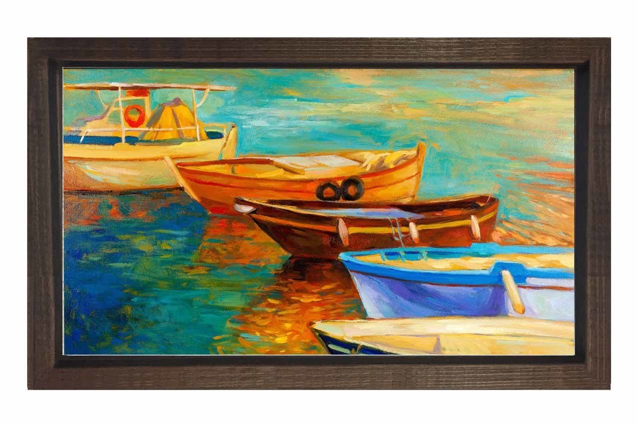 Kayıklar Yağlı Boya Reprödiksiyon Tablosu Kahverengi Ahşap Çerçeve - 40x60