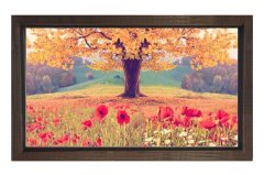 Sarı Ağaç Kırmızı Çiçekler Tablosu Kahverengi Ahşap Çerçeve - 50x70