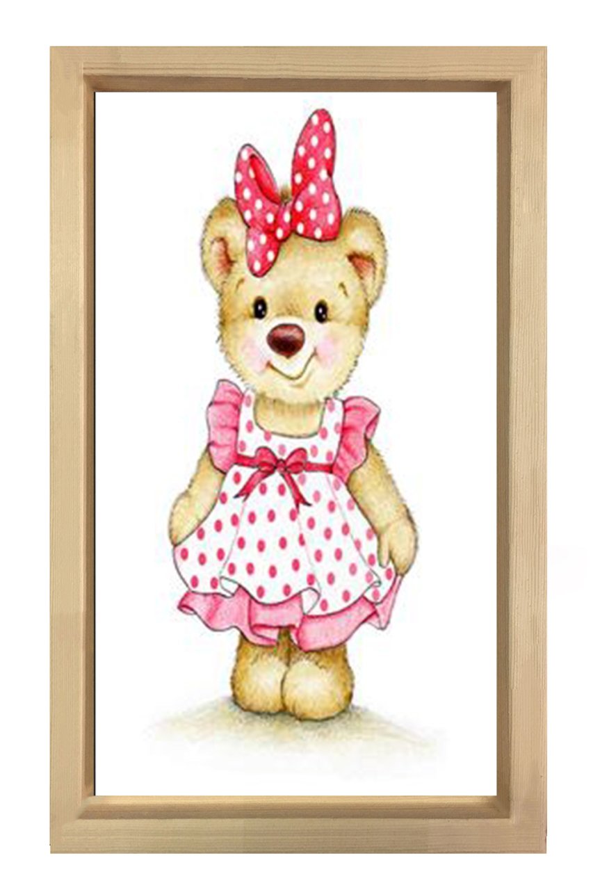 Pembe Cici Elbiseli Ayıcık Tablosu Naturel Ahşap Çerçeve - 50x70