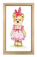 Pembe Cici Elbiseli Ayıcık Tablosu Naturel Ahşap Çerçeve - 50x70