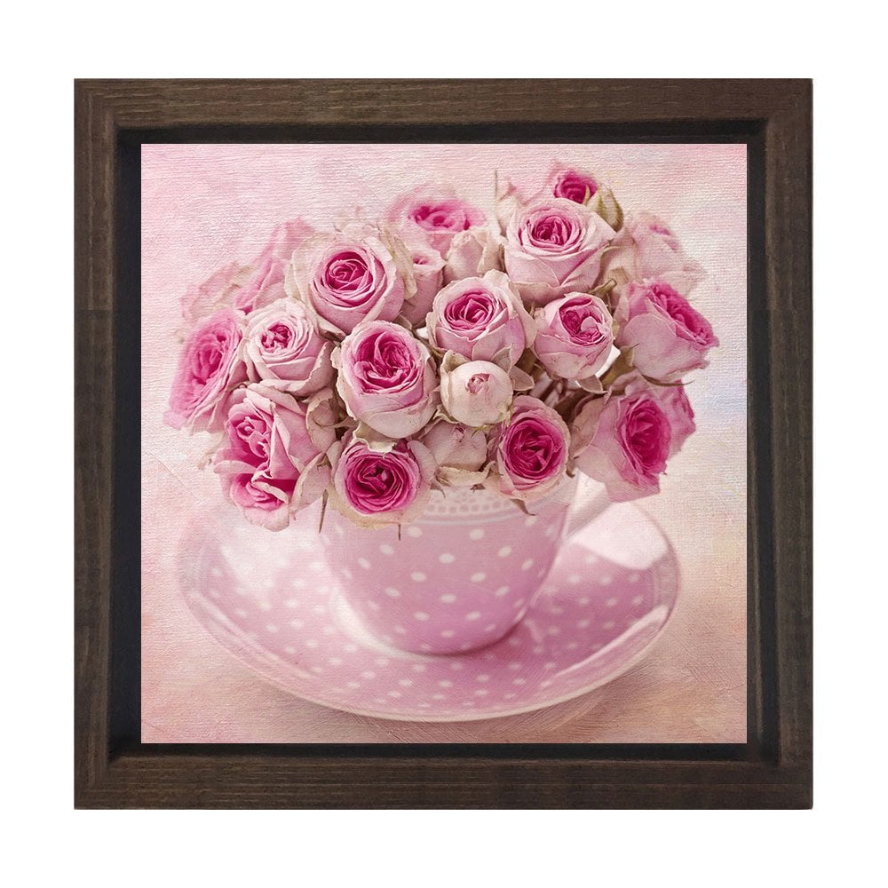 Pembe Çicekler Tablosu Kahverengi Ahşap Çerçeve - 90x90