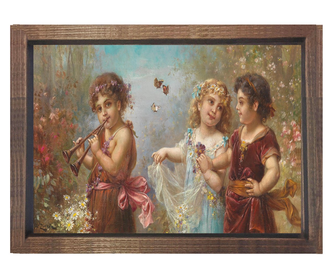Hans Zatzka - Musician Angels Tablosu Kahverengi Ahşap Çerçeve - 100x200