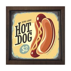 Hot Dog Vintage Restoran Afiş Tablosu Kahverengi Ahşap Çerçeve - 50x50