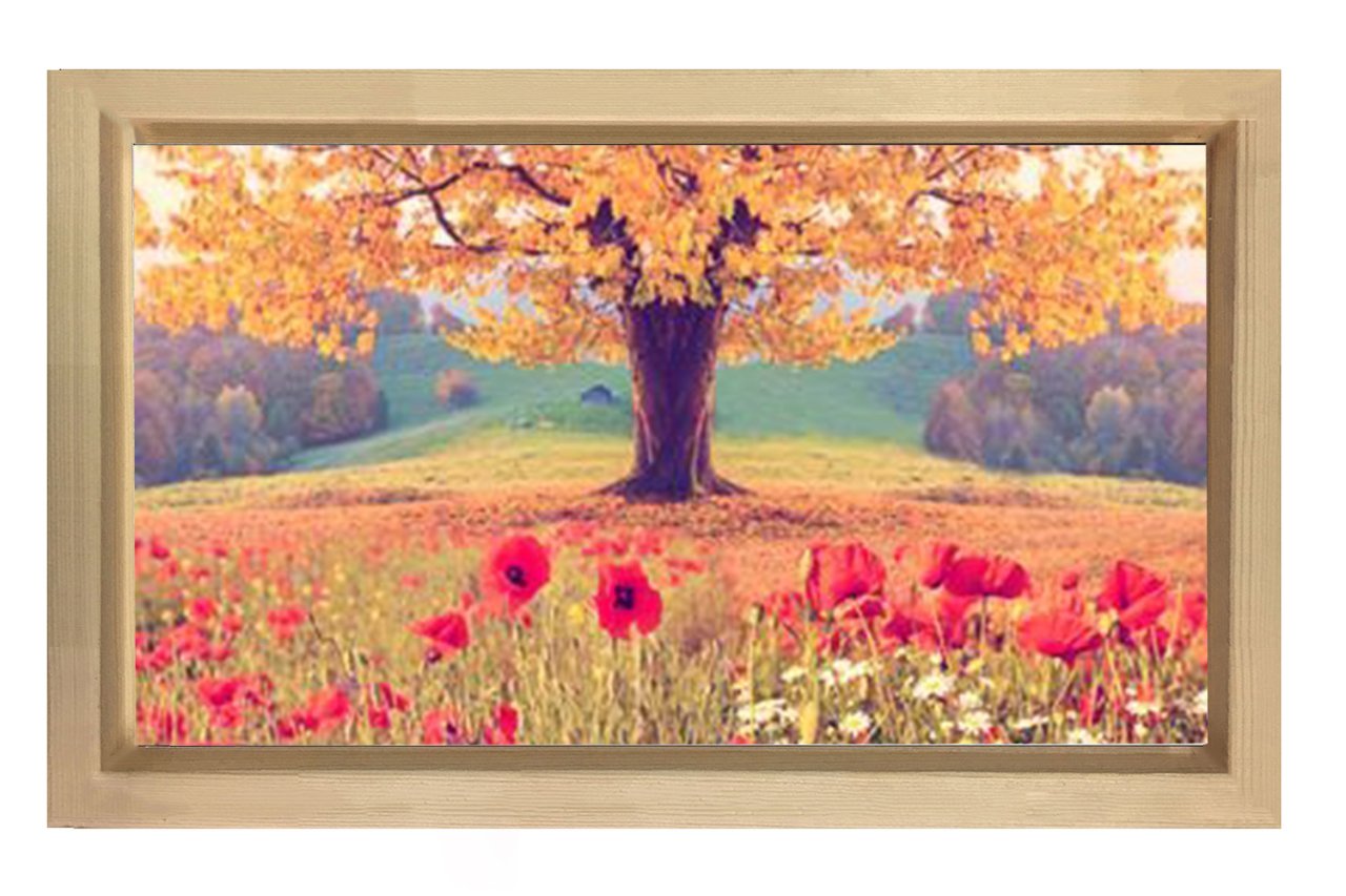 Sarı Ağaç Kırmızı Çiçekler Tablosu Naturel Ahşap Çerçeve - 100x150