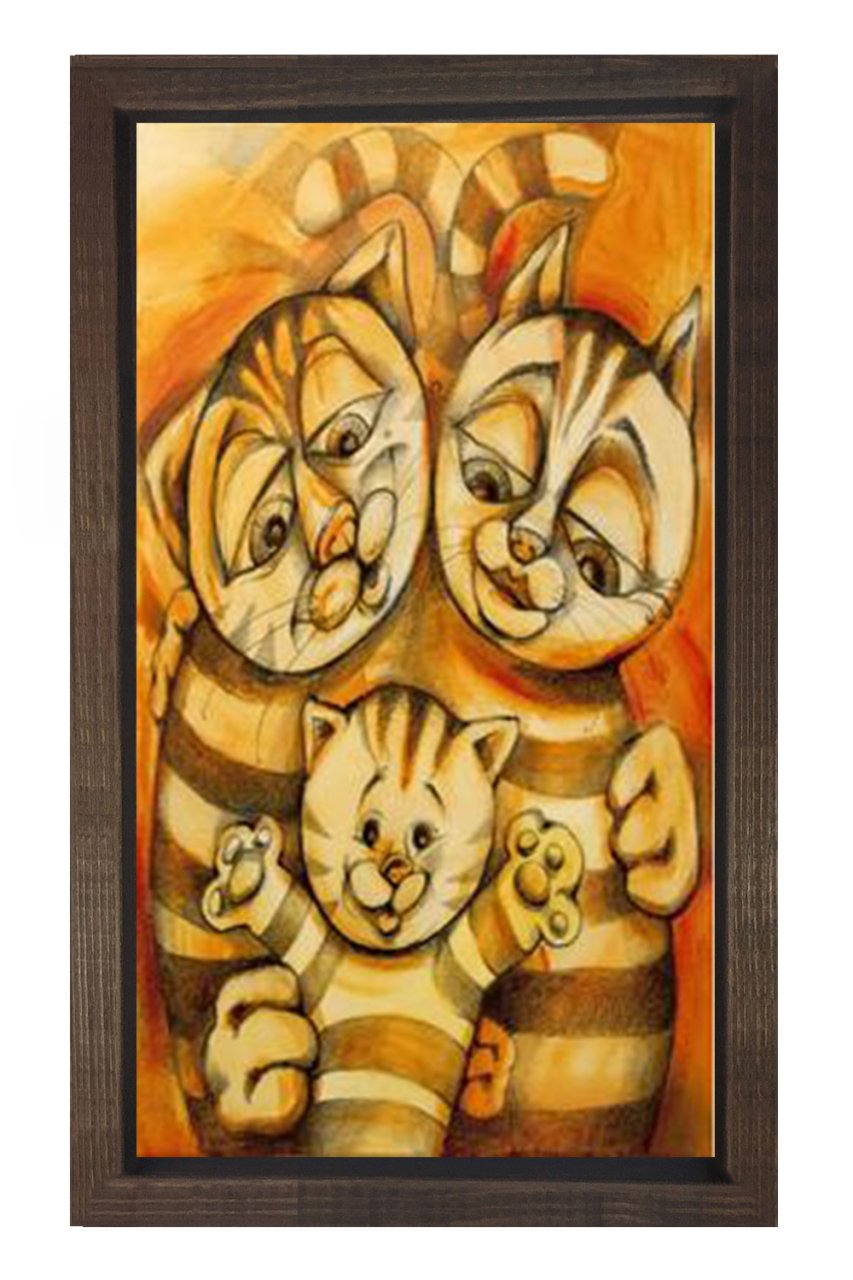 Vektörel Kedi Ailesi Tablosu Kahverengi Ahşap Çerçeve - 100x200
