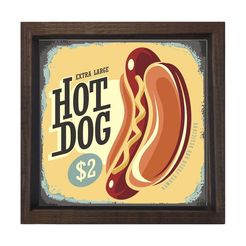 Hot Dog Vintage Restoran Afiş Tablosu Kahverengi Ahşap Çerçeve - 60x60