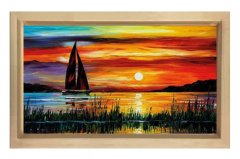 Yelkenli Gemi Yağlı Boya Tablosu Naturel Ahşap Çerçeve - 50x90