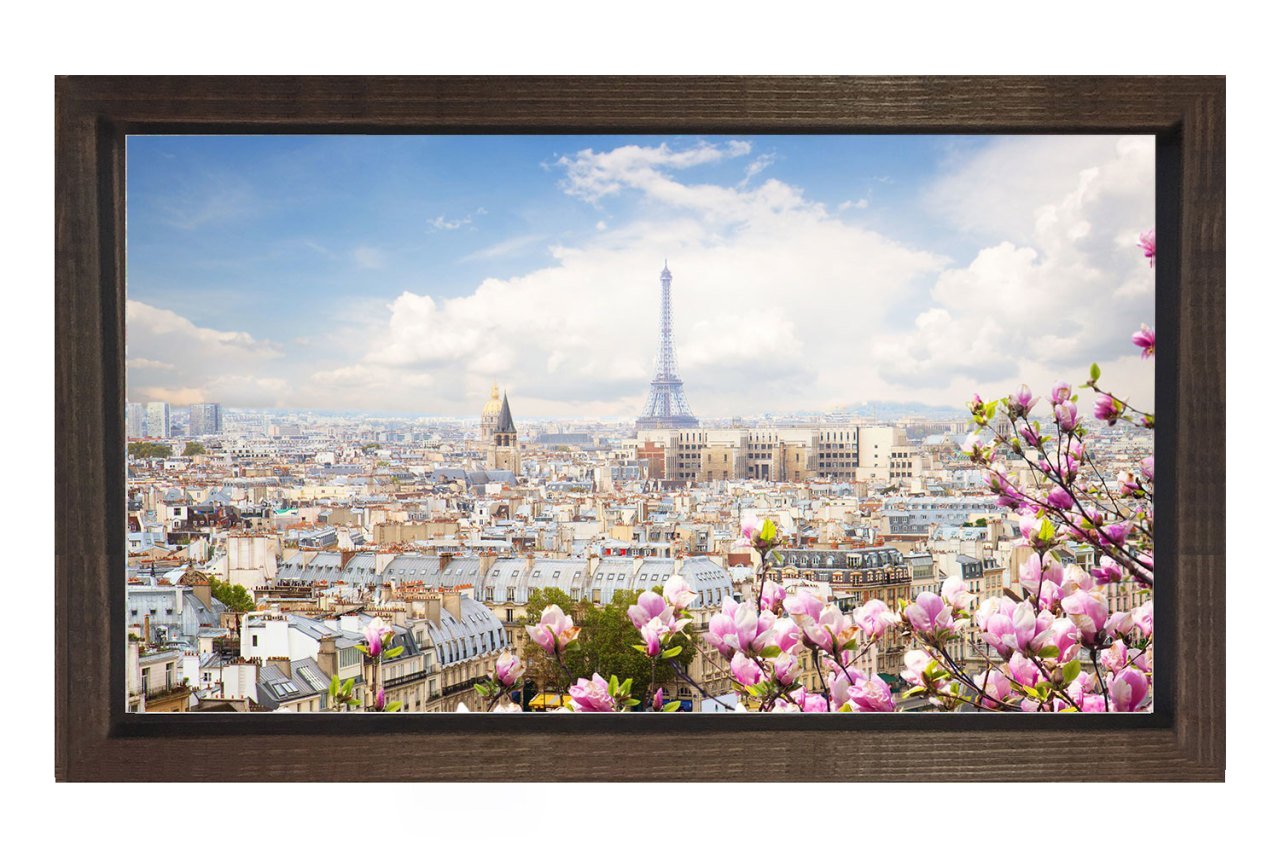 Eiffel Kulesi ve Çiçekler Tablosu Kahverengi Ahşap Çerçeve - 100x150