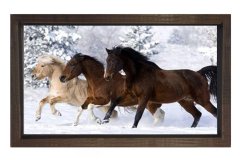 Karda Koşan Atlar Tablosu Kahverengi Ahşap Çerçeve - 100x150