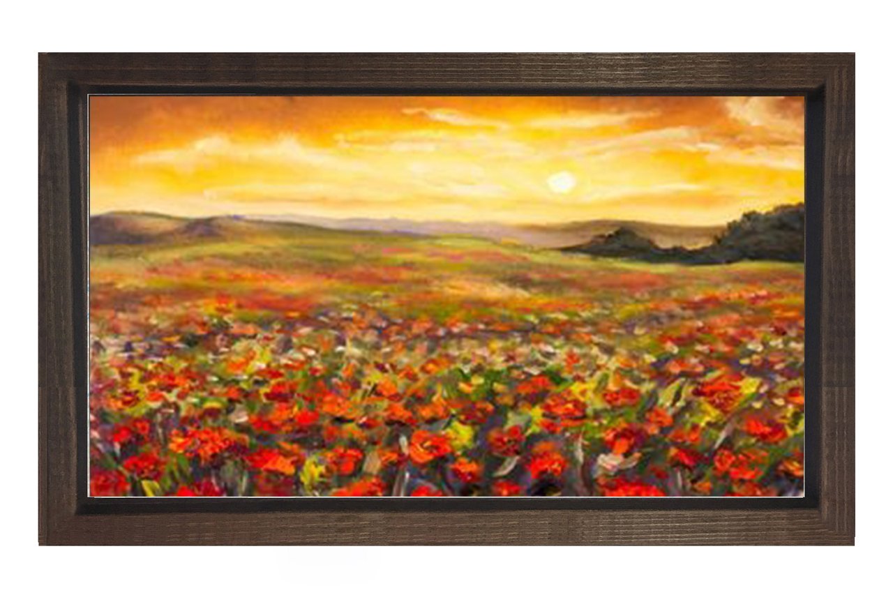 Kırmızı Çiçekler Manzara Tablosu Kahverengi Ahşap - 100x200