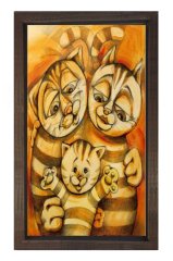 Vektörel Kedi Ailesi Tablosu Kahverengi Ahşap Çerçeve - 45x30