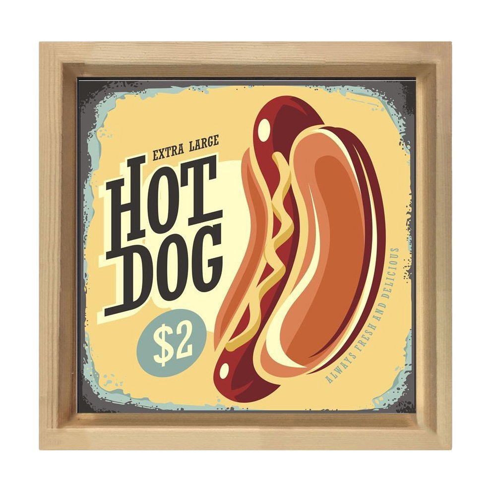 Hot Dog Vintage Restoran Afiş Tablosu Naturel Ahşap Çerçeve - 100x100