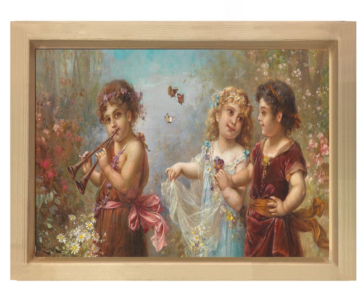 Hans Zatzka - Musician Angels Tablosu Naturel Ahşap Çerçeve - 100x150