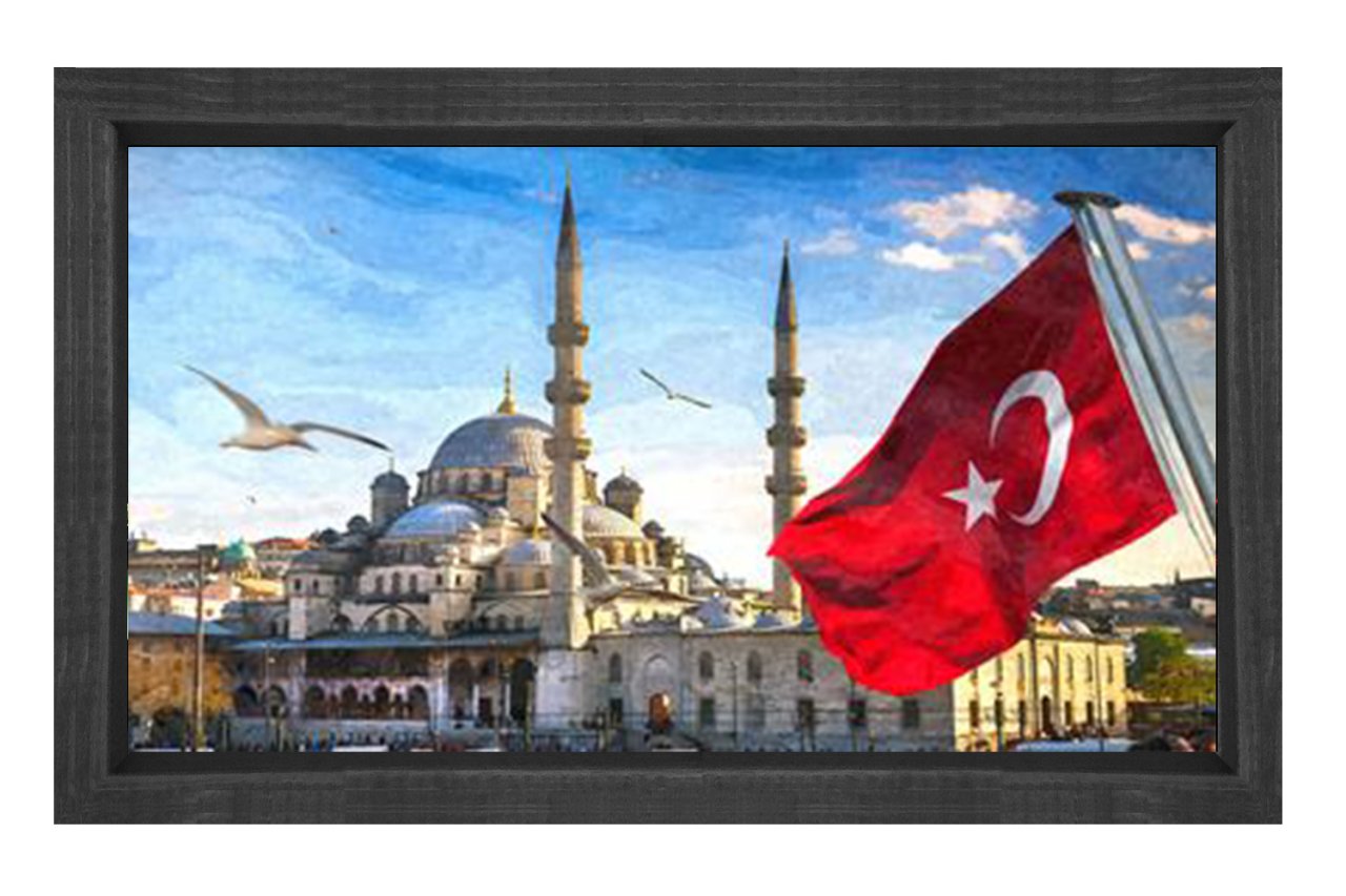Bayrak ve Cami Tablosu Siyah Ahşap Çerçeve - 40x60