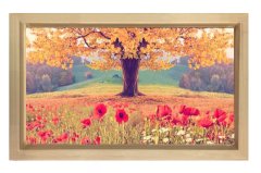 Sarı Ağaç Kırmızı Çiçekler Tablosu Naturel Ahşap Çerçeve - 70x100