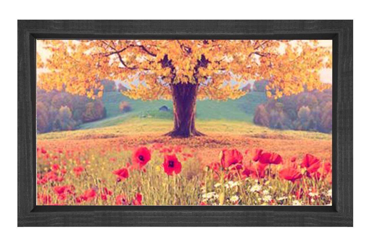 Sarı Ağaç Kırmızı Çiçekler Tablosu Siyah Ahşap Çerçeve - 100x150