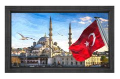 Bayrak ve Cami Tablosu Siyah Ahşap Çerçeve - 45x30
