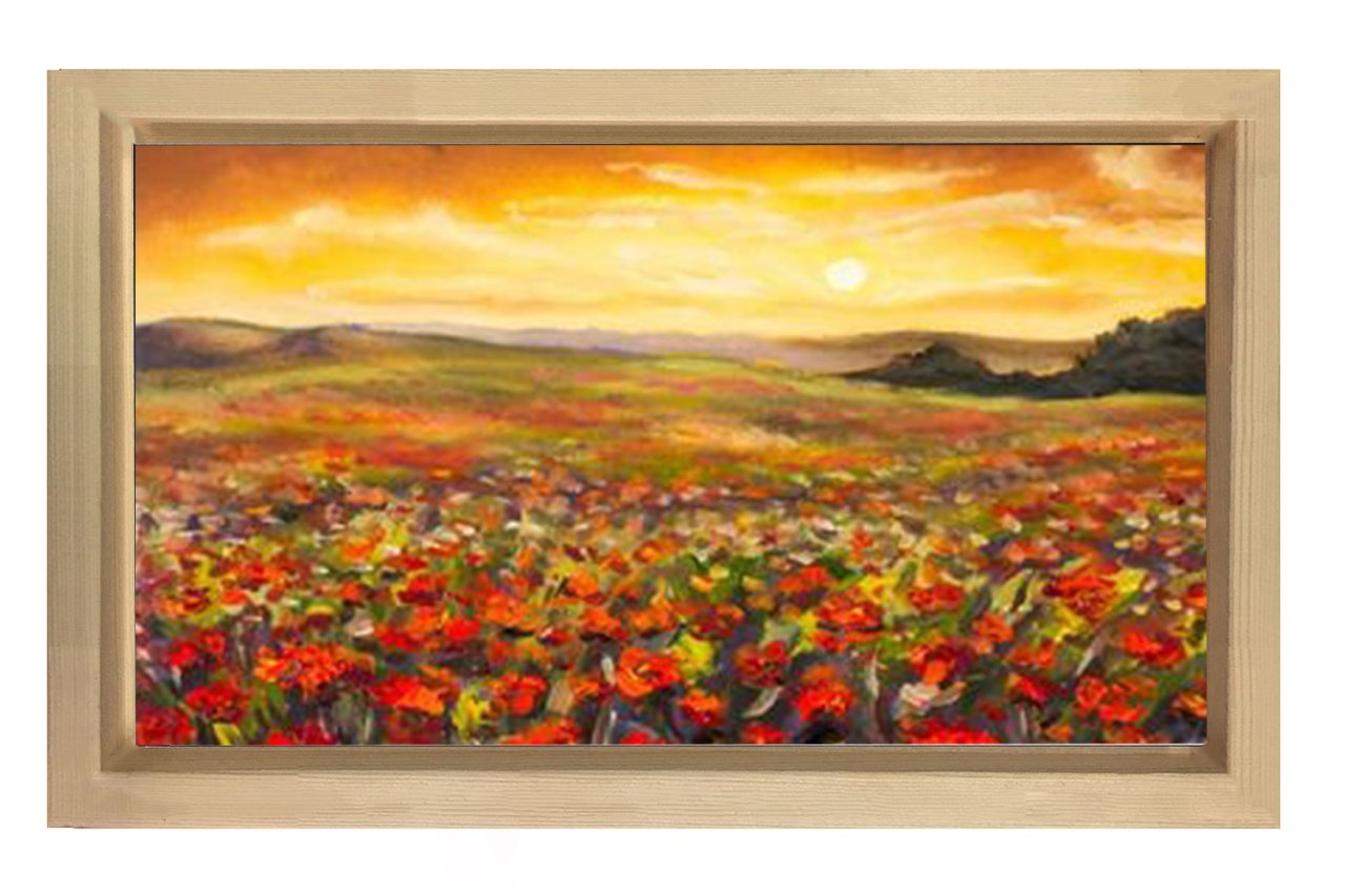 Kırmızı Çiçekler Manzara Tablosu Naturel Ahşap - 100x150