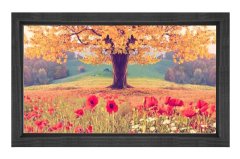 Sarı Ağaç Kırmızı Çiçekler Tablosu Siyah Ahşap Çerçeve - 45x30