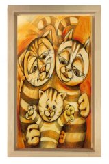 Vektörel Kedi Ailesi Tablosu Naturel Ahşap Çerçeve - 45x30