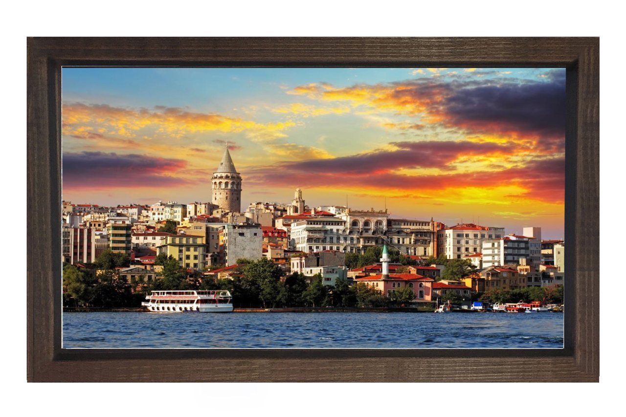 Galata Kulesi ve Deniz Tablosu Kahverengi Ahşap Çerçeve - 100x200