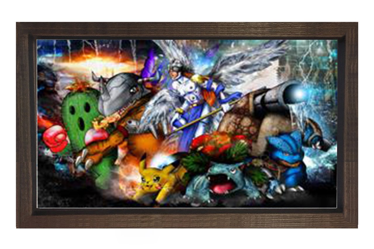 Digimonlar ve Pokemonlar Tablosu Kahverengi Ahşap Çerçeve - 50x90