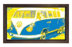 Sevimli Sarı Mavi Vosvos Minibüs Tablosu Kahverengi Ahşap - 100x150