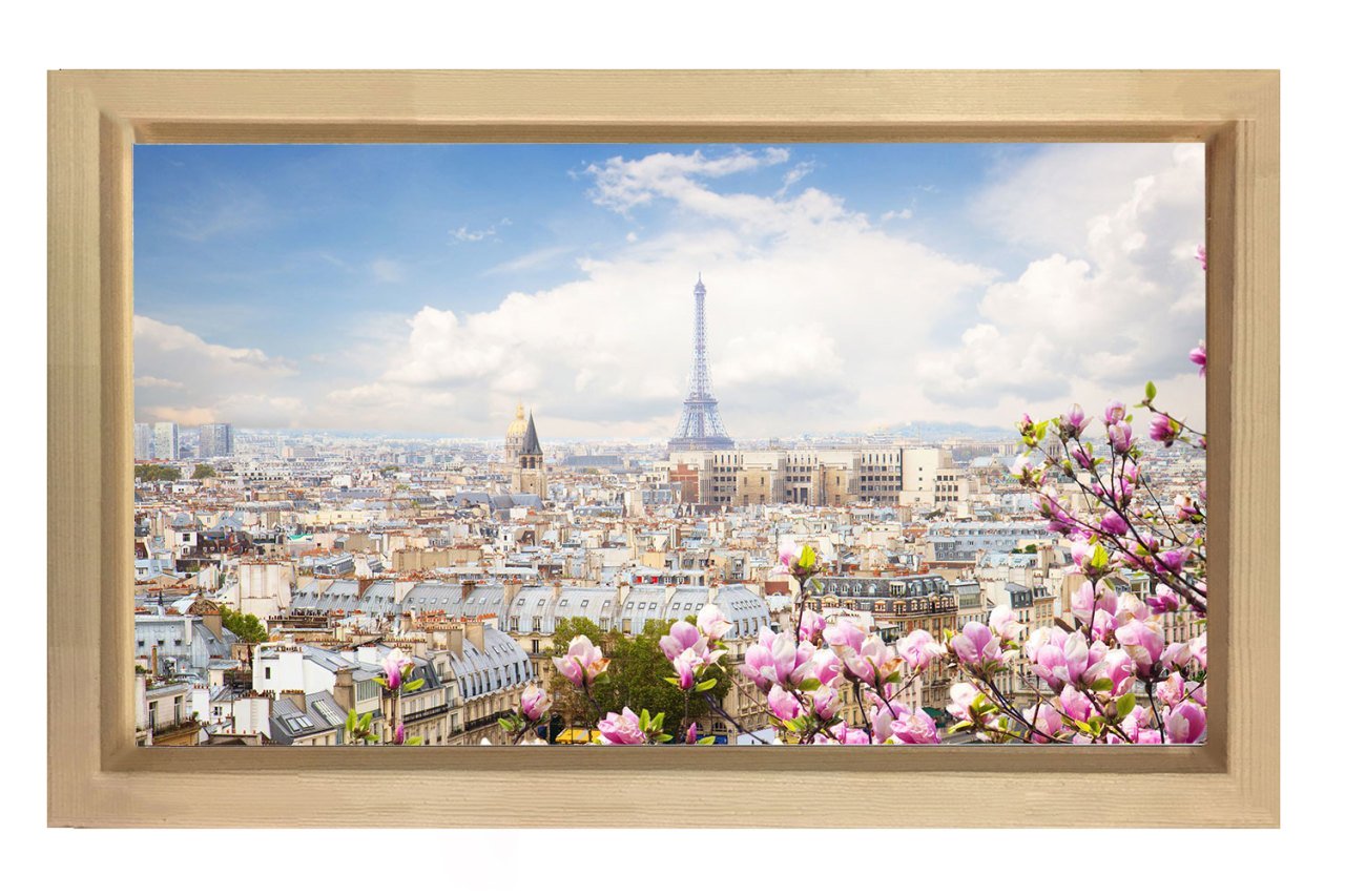 Eiffel Kulesi ve Çiçekler Tablosu Naturel Ahşap Çerçeve - 50x90