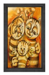 Vektörel Kedi Ailesi Tablosu Siyah Ahşap Çerçeve - 100x200