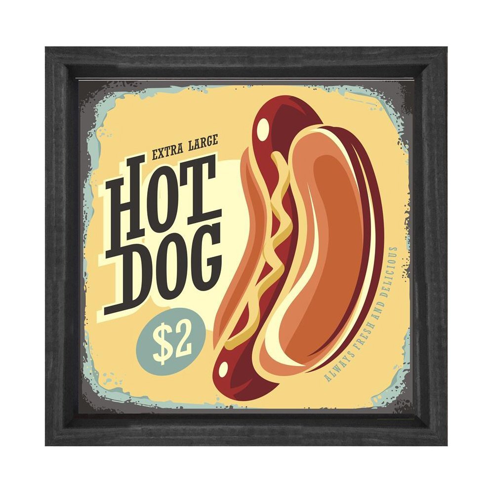 Hot Dog Vintage Restoran Afiş Tablosu Siyah Ahşap Çerçeve - 40x40