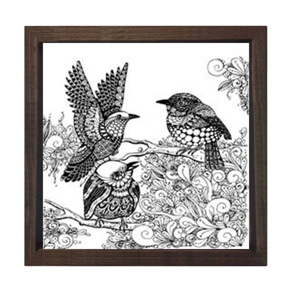 Kuşlar Boyama Tablo Tablosu Kahverengi Ahşap Çerçeve - 50x50