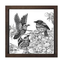 Kuşlar Boyama Tablo Tablosu Kahverengi Ahşap Çerçeve - 50x50