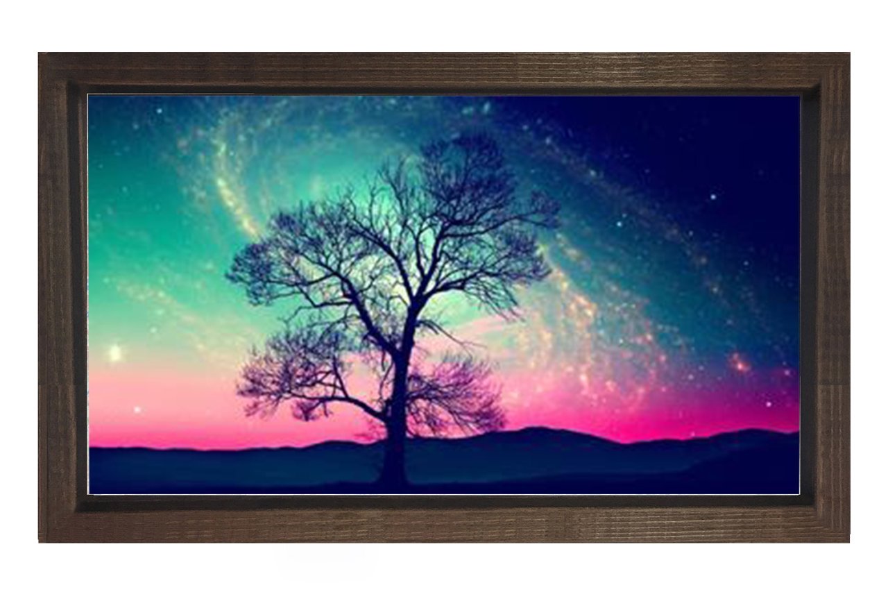 Gece Gökyüzü Ağaç Manzarası Tablosu Kahverengi Ahşap Çerçeve - 40x60