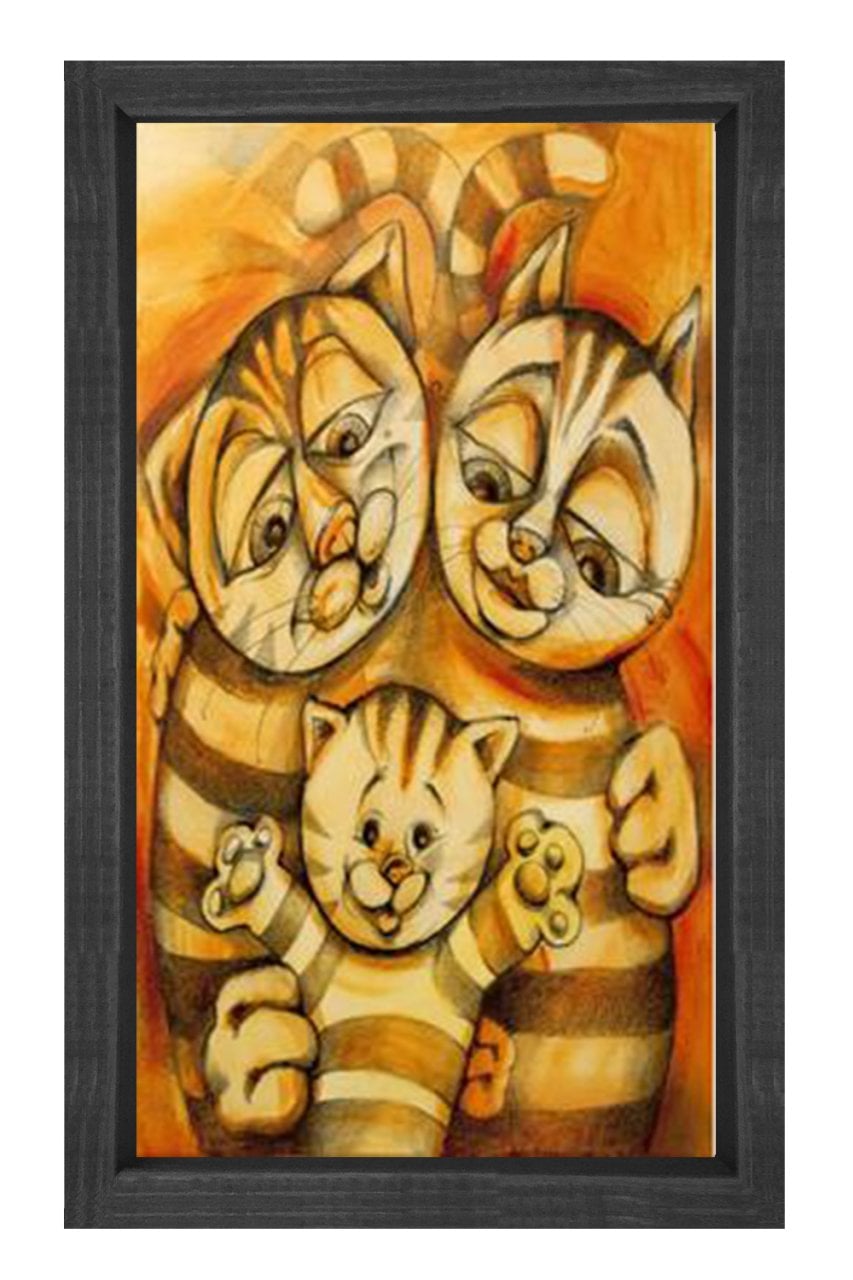 Vektörel Kedi Ailesi Tablosu Siyah Ahşap Çerçeve - 45x30